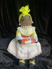 Vintage Caribbean Ethnic Folk Art Handmade Rag Doll Holding Fanta 11”