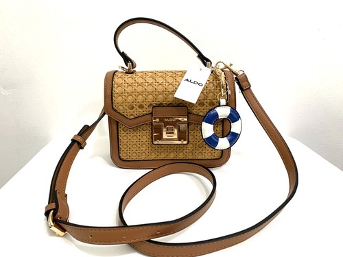 ALDO Woven Crossbody Shoulder Bag Charm Buckle Closure Brown/Tan with Keychain