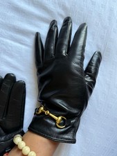 Gucci Black Leather Gloves with Gold-Tone Horsebit   Women  s Size M   New