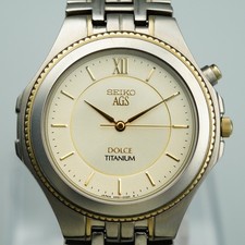 *N MINT* SEIKO DOLCE 4N21-0010 Titanium Quartz Gold Dial Round 35mm Mens Watch