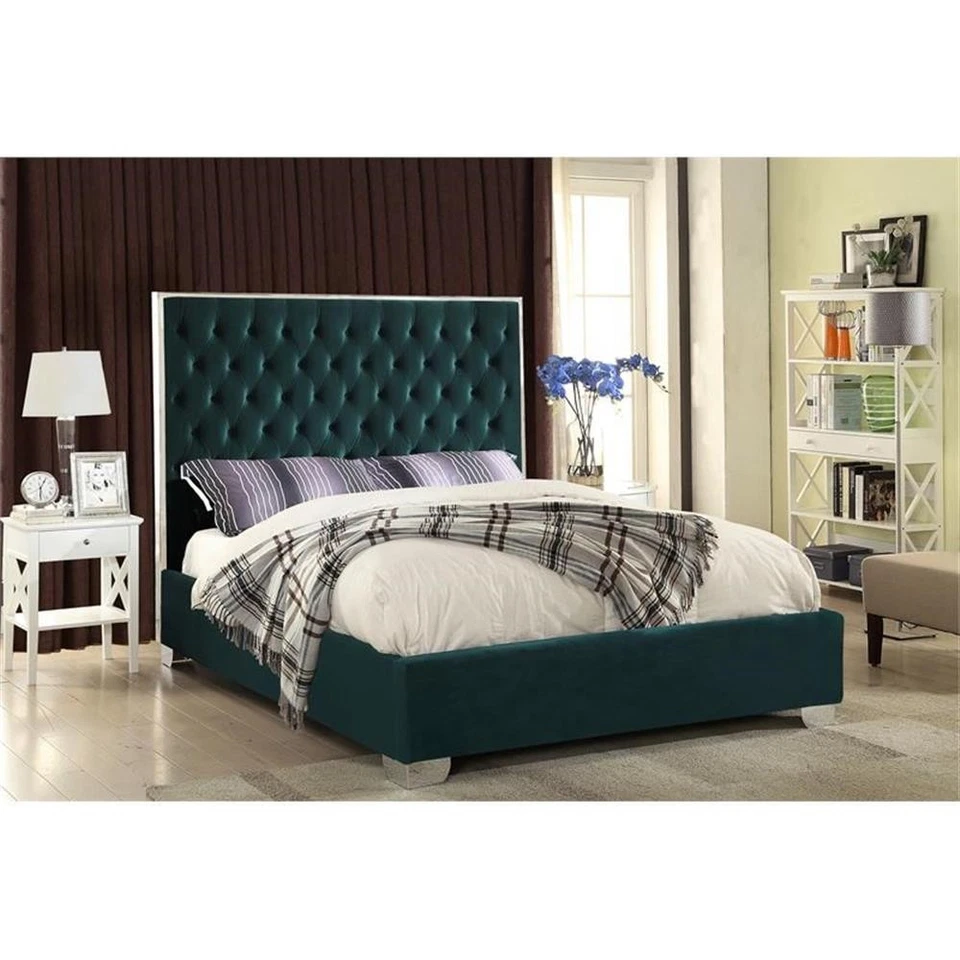 Meridian Furniture Lexi Solid Wood and Velvet Queen Bed in Green - Image 2 of 4