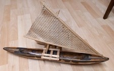 Vintage FIJI Folk Art Ornament Model of Outrigger canoe with sail, handmade 1981