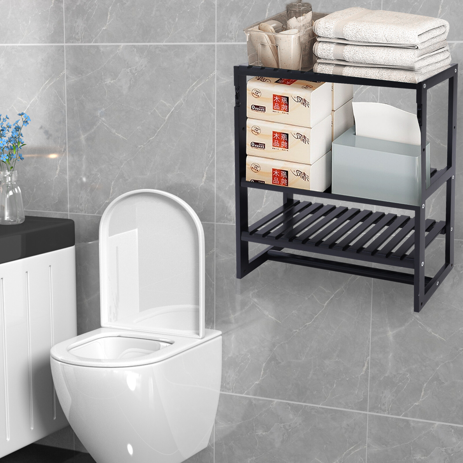 Bathroom Over the Toilet Storage Shelves Organizer Wall Mount Bamboo Shelving