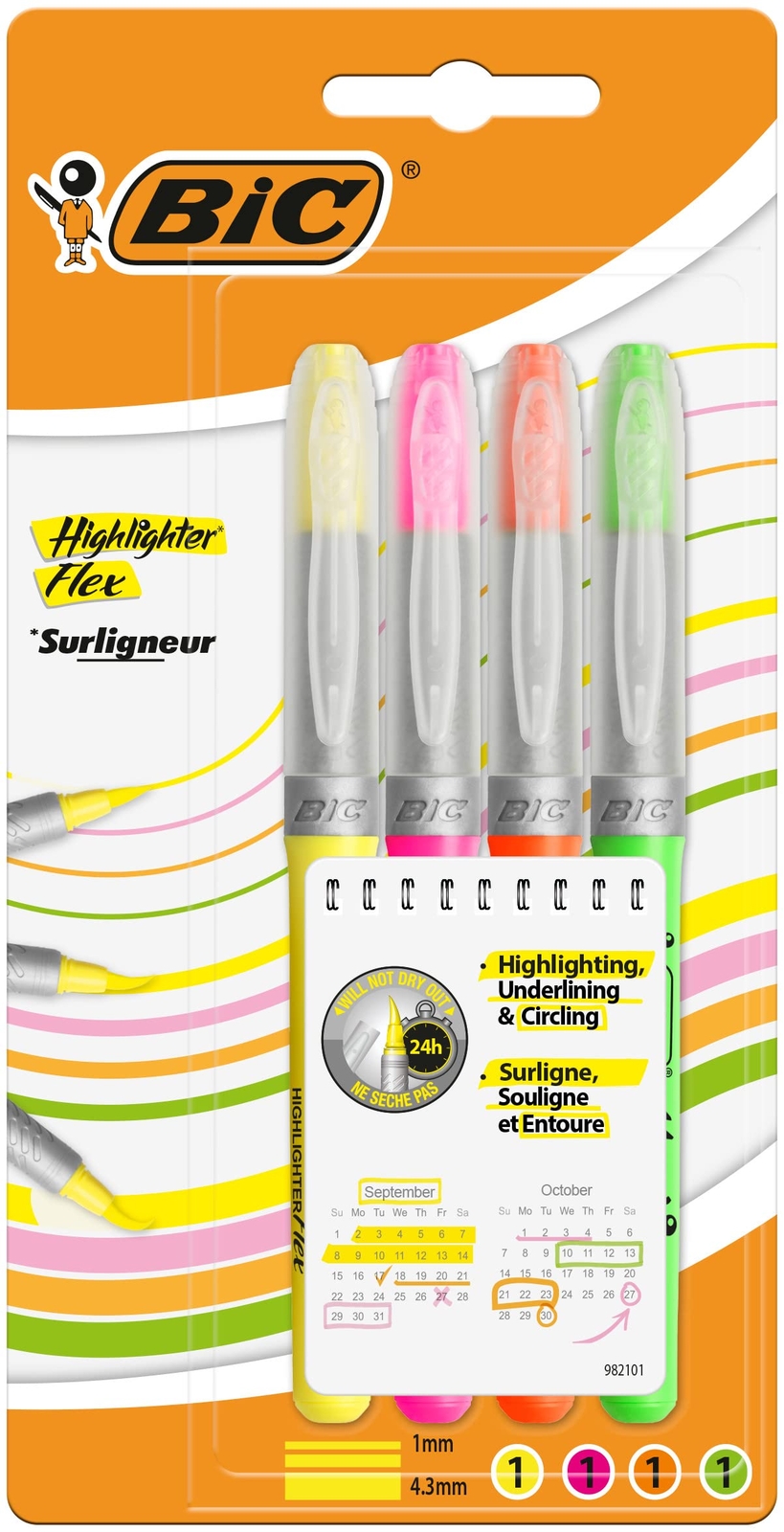 BIC Highlighters Flex Assorted Fluorescent Colours 4 Pack Pack of 4 Assorted Col-image
