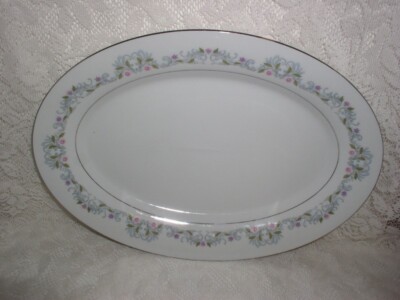 Crown Ming Windsor Jian Shiang Blue Scroll Pink Flower 14'' Oval Serving Platter