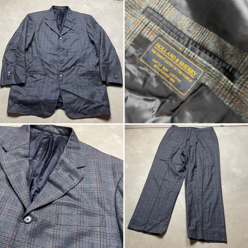 Vintage Holland & Sherry Suit 44 Pants 36x31 Windowpane Bespoke Gray Blue Brown