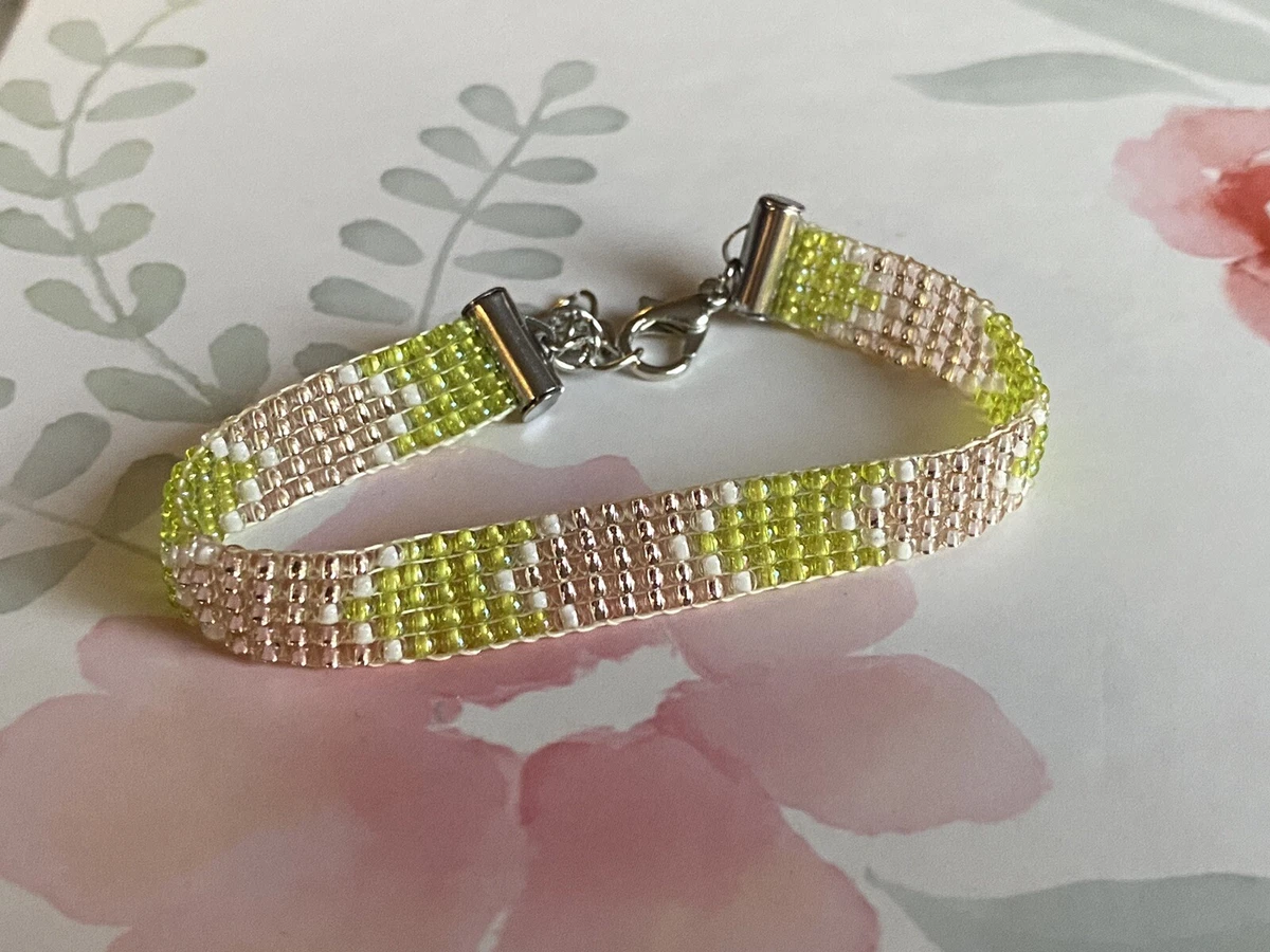 Chevron Pink Green Loom woven Glass Toho Seed Bead Bracelet stainless steel