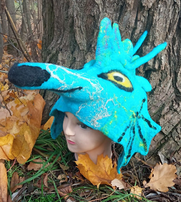 Original unisex felted dragon hat.Sauna hat.Felt animal.Dragon mask.Festival hat