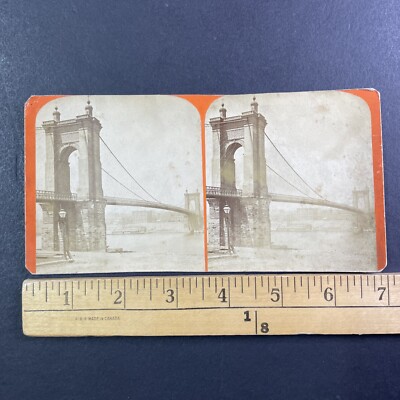 Roebling Bridge Construction Complete Stereoview Cincinnati Ohio c1866 Y11569