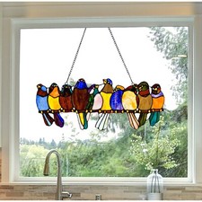 Stained Glass Window Panel Birds On Wire Colorful Hanging Decorative Sun Catcher