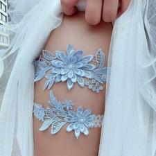 Womens Lace Thigh Rings Set Sky Blue Embroidered Flower Applique Garter Belt