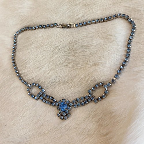 Vintage Victorian Necklace Blue Rhinestone Regency Silver Tone Formal Prom 8052 - Picture 5 of 7