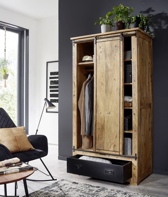 Garderobenschrank Schrank 100x190cm Mango Holz massiv & Eisen schwarz NEU OVP!!!