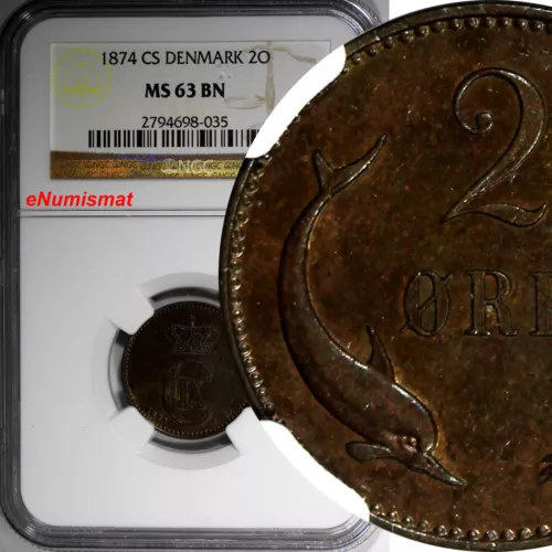 Denmark Christian IX 1874 CS  2 Ore NGC MS63 BN 1st Year For Type KM# 793.1 (35)
