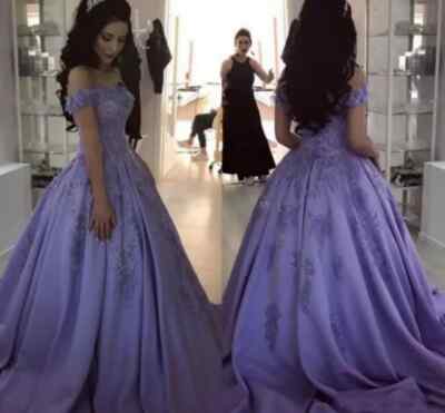 Purple Satin Wedding Dresses Off Shoulder Applique Sleeveless A-line Bridal  Gown | eBay
