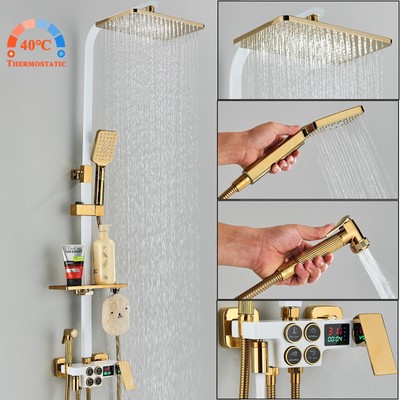 Gold White Exposed Shower System LCD Display Rainfall Shower Faucet Fixtures