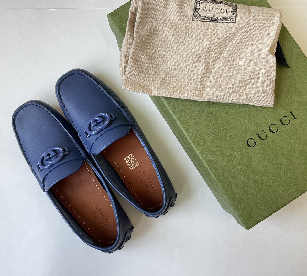GUCCI Mens Blue Interlocking GG Driving Loafers 692379 Size  display picture 2