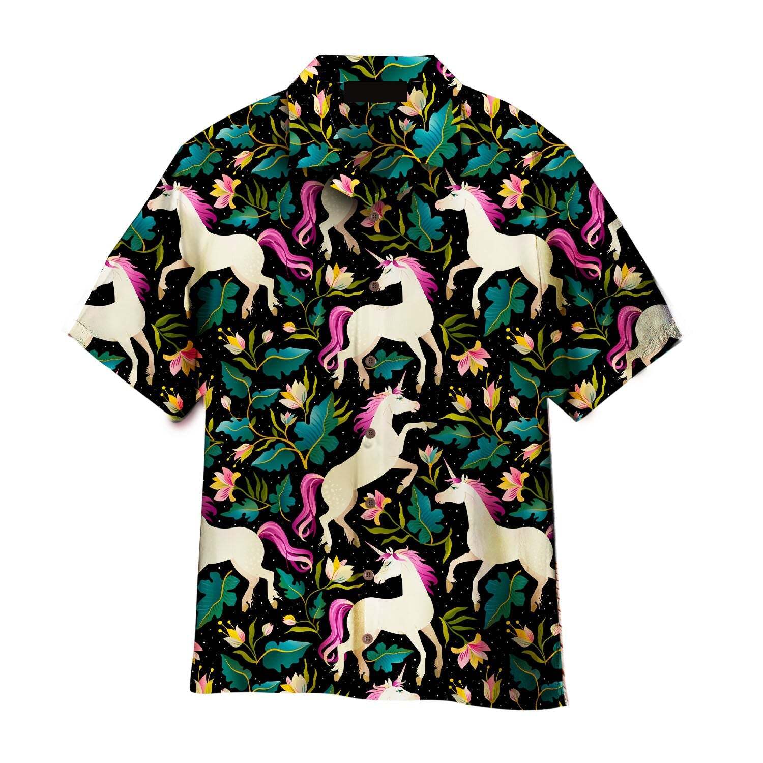 Pink Unicorn Floral Tropical Black Aloha Hawaiian Shirts For Men Women