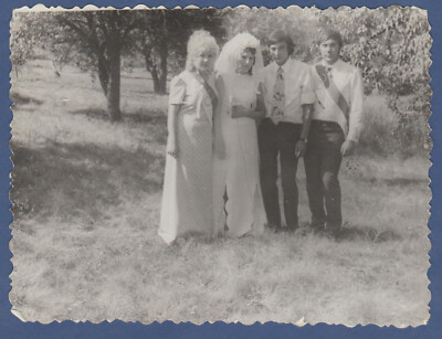 Beautiful guys with girls at wedding, bride in wedding Soviet Vintage Photo USSR