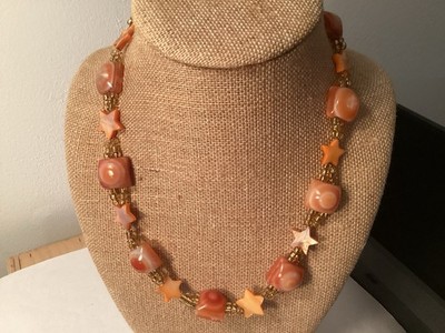 Orange MOP Stars Moons & Gold Seed Beads 18  Necklace Vintage Free Shipping