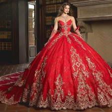 Red Sweetheart Gold Lace Quinceanera Dresses Detachable Long Sleeve Ball Gown