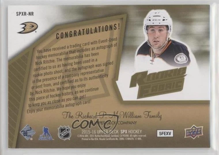 2015 SPx 2005-06 Retro Rookie Fabrics Jersey /399 Nick Ritchie #SPXR-NR Auto RC - Image 2 of 2