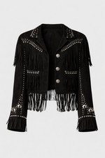 Women Black Suede Fringe Jacket Western Cowgirl Studded Cropped Suede Coat