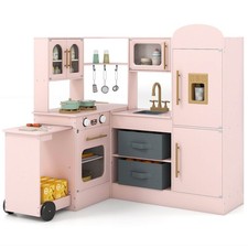 Corner Kitchen with Lights and Sounds Interactive Wooden Playset Toy Kitchen Set