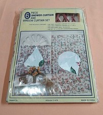 Vintage 6pc Vinyl Shower  Window Curtain Set Tie Backs, Hooks Cottage Roses New