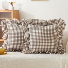 Gingham Throw Pillow Covers 18x18, Warm Taupe/White, Ruffle Trim