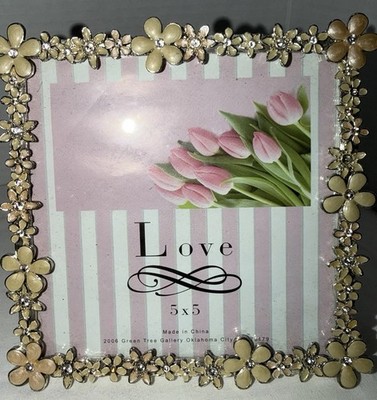Green Tree Gallery 5x5 Picture Frame Cream with Rhinestone Enamel Flowers