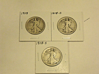 SILVER  1918-P-D-S  Walking Liberty half dollars (3 coins) Average circulated