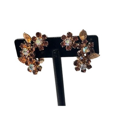Vintage Weiss NY Smoky Topaz Aurora Borealis Rhinestone Floral Clip On Earrings