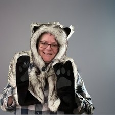 Wolf Theme Winter Hat With Attached Scarf and Hand/Paw Pockets