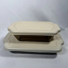 Vintage Set Of Anchor Ovenware Amber Brown 2.0 Qt Utility Dish 1.5 Qt Loaf Dish