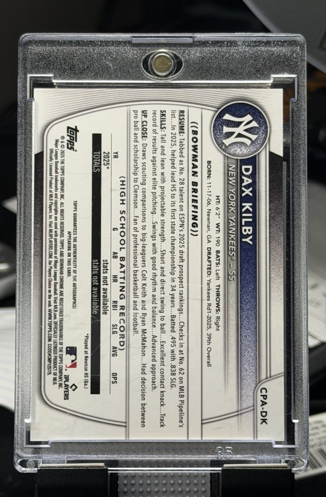 2025 Bowman Chrome Dax Kilby Prospect Auto 1st Bowman CPA-DK New York Yankees view 2