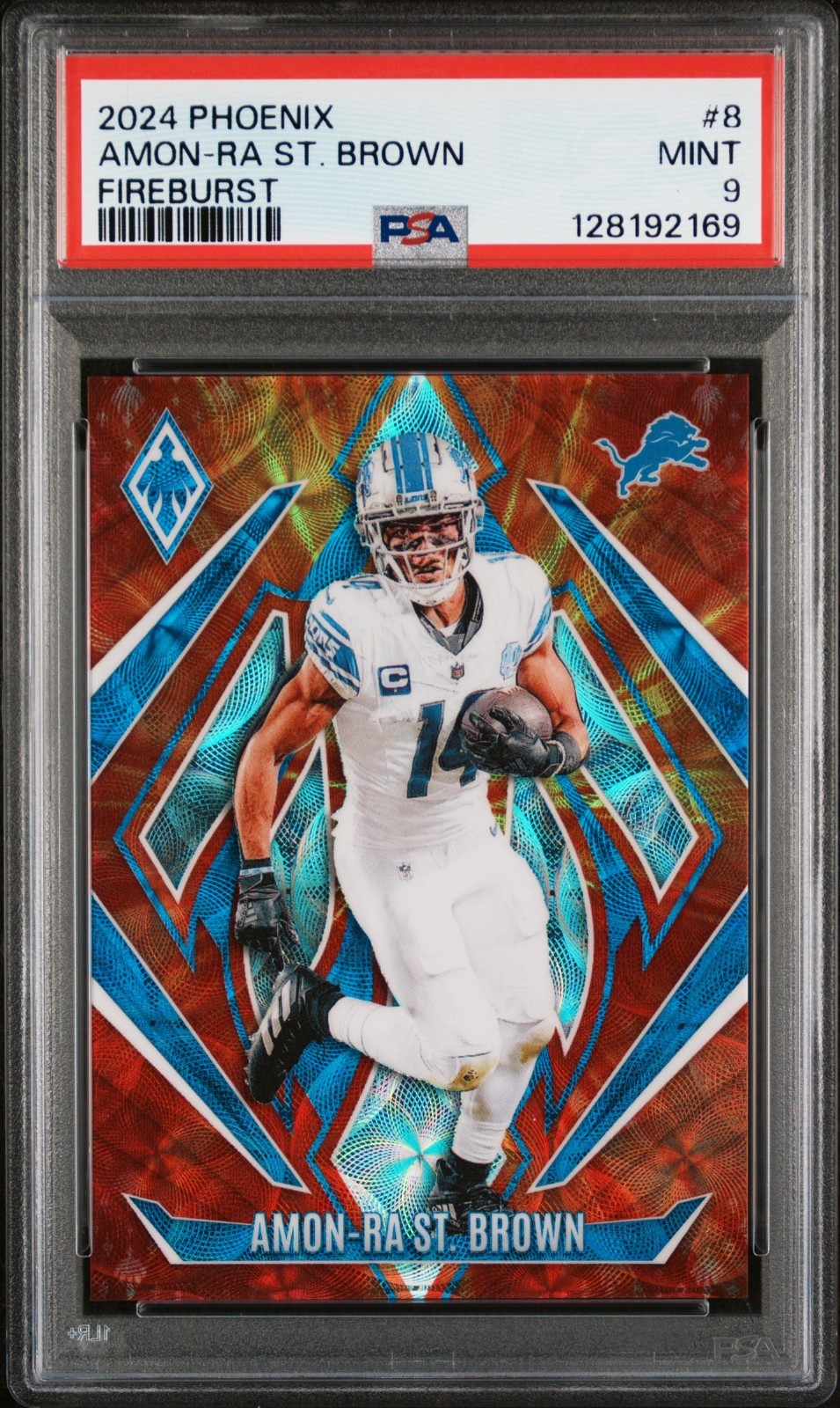 Amon-Ra St. Brown Lions 2024 Panini Phoenix Fire Burst /350 #8 PSA 9 Mint