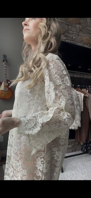 Vintage Bridal Eyelash Lace Ivory Sheath Dress 3/4 Bell Sleeve Boho Wedding