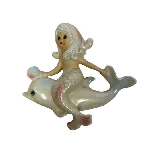 Vintage Lefton Mermaid Wall Plaque Decor Iridescent Ceramic Dolphin Blue Jewel