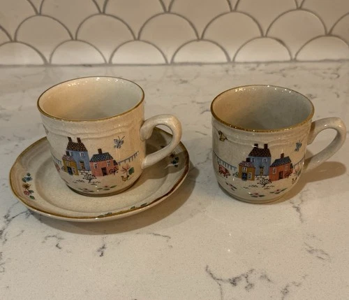 Vintage Heartland International Stoneware Teacups Mugs Farm Scene Cottage Core