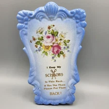Vintage Blue Ceramic Scissors Holder Floral Design Wall Mount CRACKED & REPAIRED