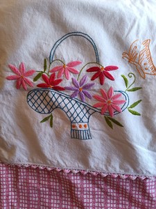 Vintage Vogart Pillow Cover With Bright Flowers, Butterfly & Basket Crochet Edge