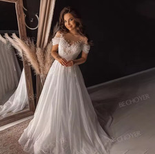 Puff Sleeve Wedding Dresses Shiny Fashion Beaded A-Line customized Princess