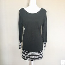 Almost Famous Sz Large Black And White Sweater Dress Grey Fuzzy Stripes