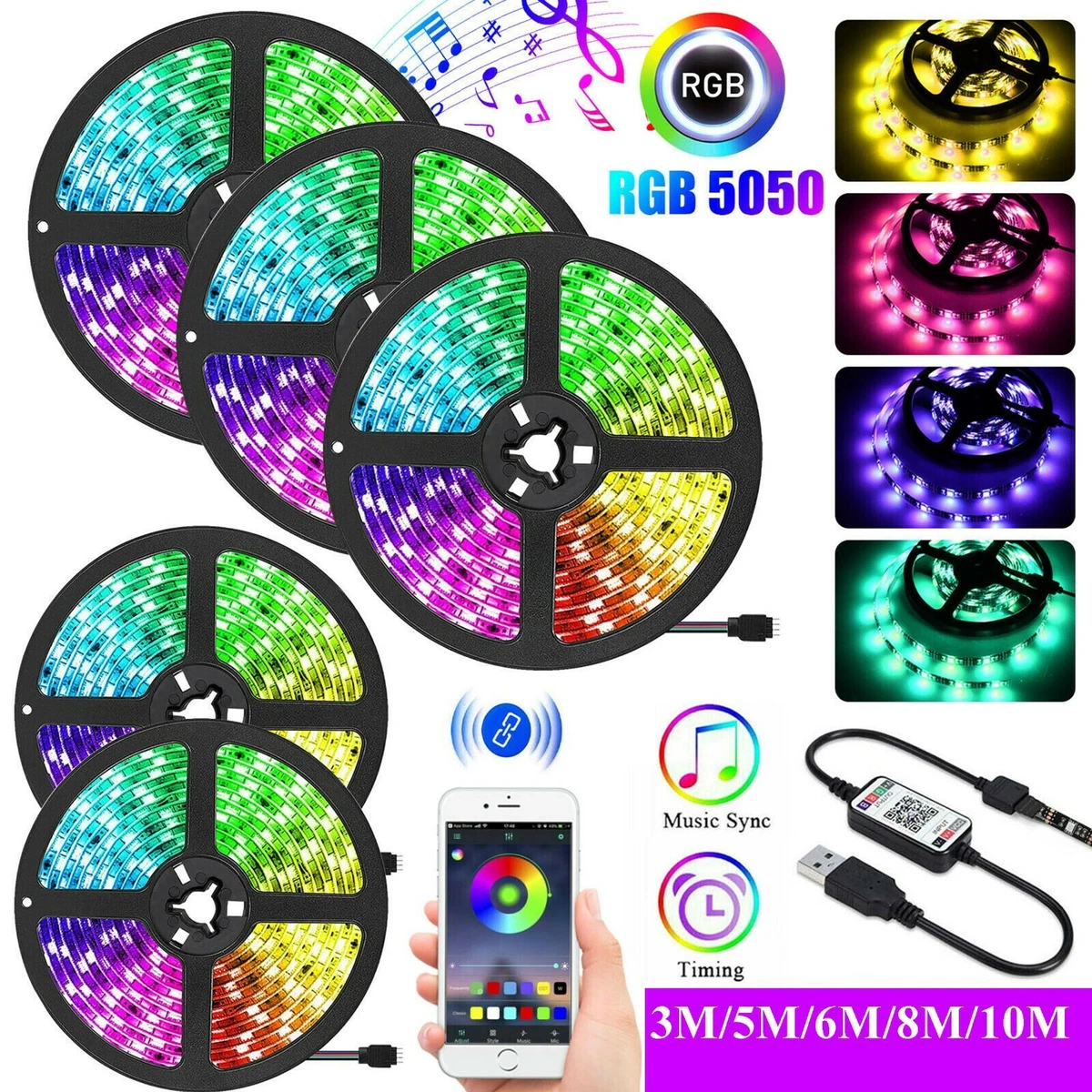 3M 5M 6M 8M 10M RGB LED Strip Lights IP65 Waterproof 5050 5M LEDs USB  Bluetooth