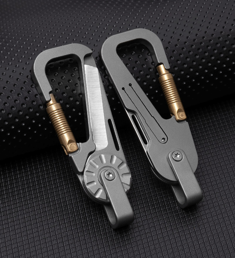 EDC Titanium + Brass Keychain Carabiner Multi Tools Outdoor Folding Knife