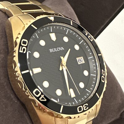 Bulova Men's Watch 98B375 Quartz Black Dial Date Gold Stainless Steel 43mm