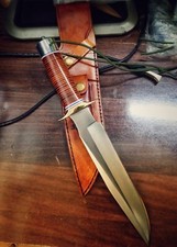 CUSTOM HANDMADE D2 STEEL LEATHER STACK HANDLE BOWIE KNIFE WITH SHEATH