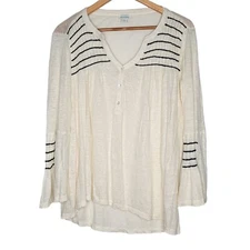 Sundance Small Linen Cream / Black Fluent Henley Bell Sleeve Embroidered Top