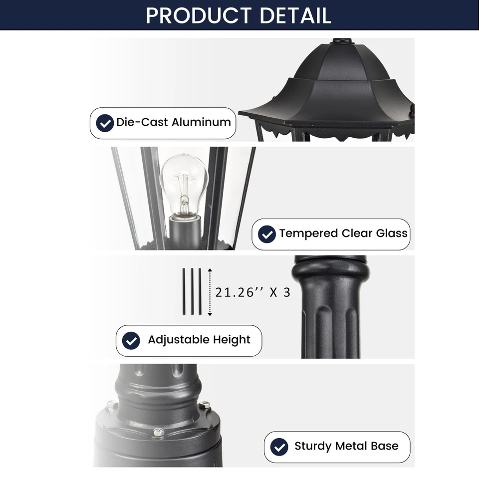 Poste de lámpara de exterior ajustable negro 84" cableado de luz, resistente a la intemperie, patio, jardín Foto 4 de 4